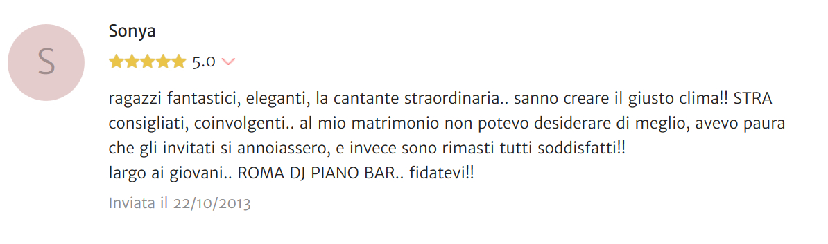 Roma DJ Piano Bar recensione di Sonya matrimonio evento