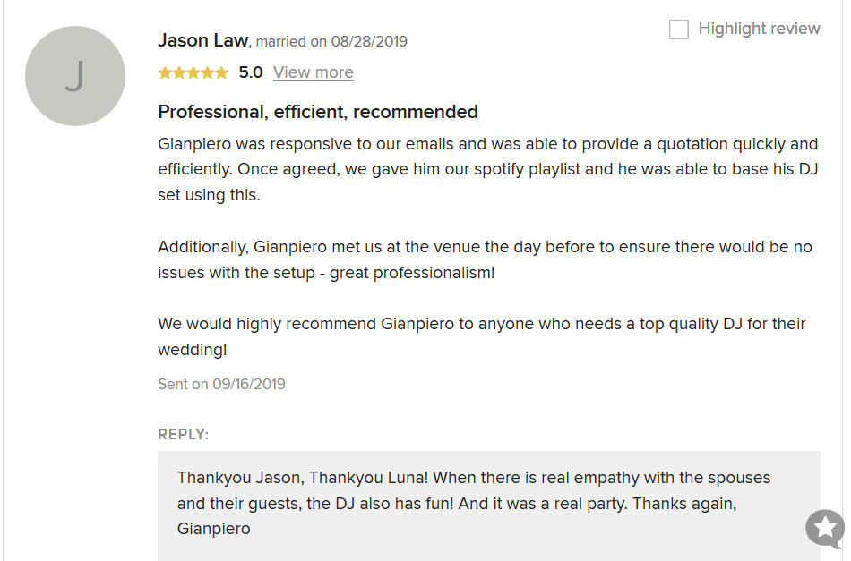 Wedding DJ review by Jason Law on Weddingwire for Gianpiero Fatica DJ
